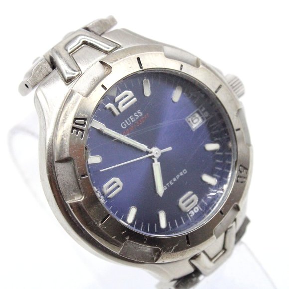 Guess Waterpro Watch Mens Silver Tone Stainless Steel Classic Quartz Blue Dial - Picture 1 of 7